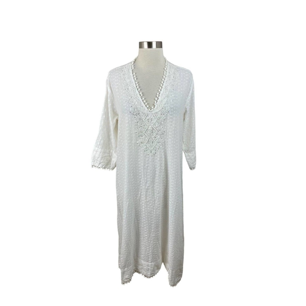 Antica Sartoria White Beaded V Neck Textured Cotton Coverup Dress Size Small